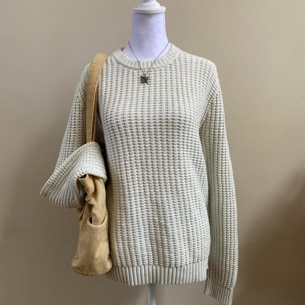 Hollister Boho Coastal Cottagecore Cream Chunky Waffle Knit Sweater Sz M